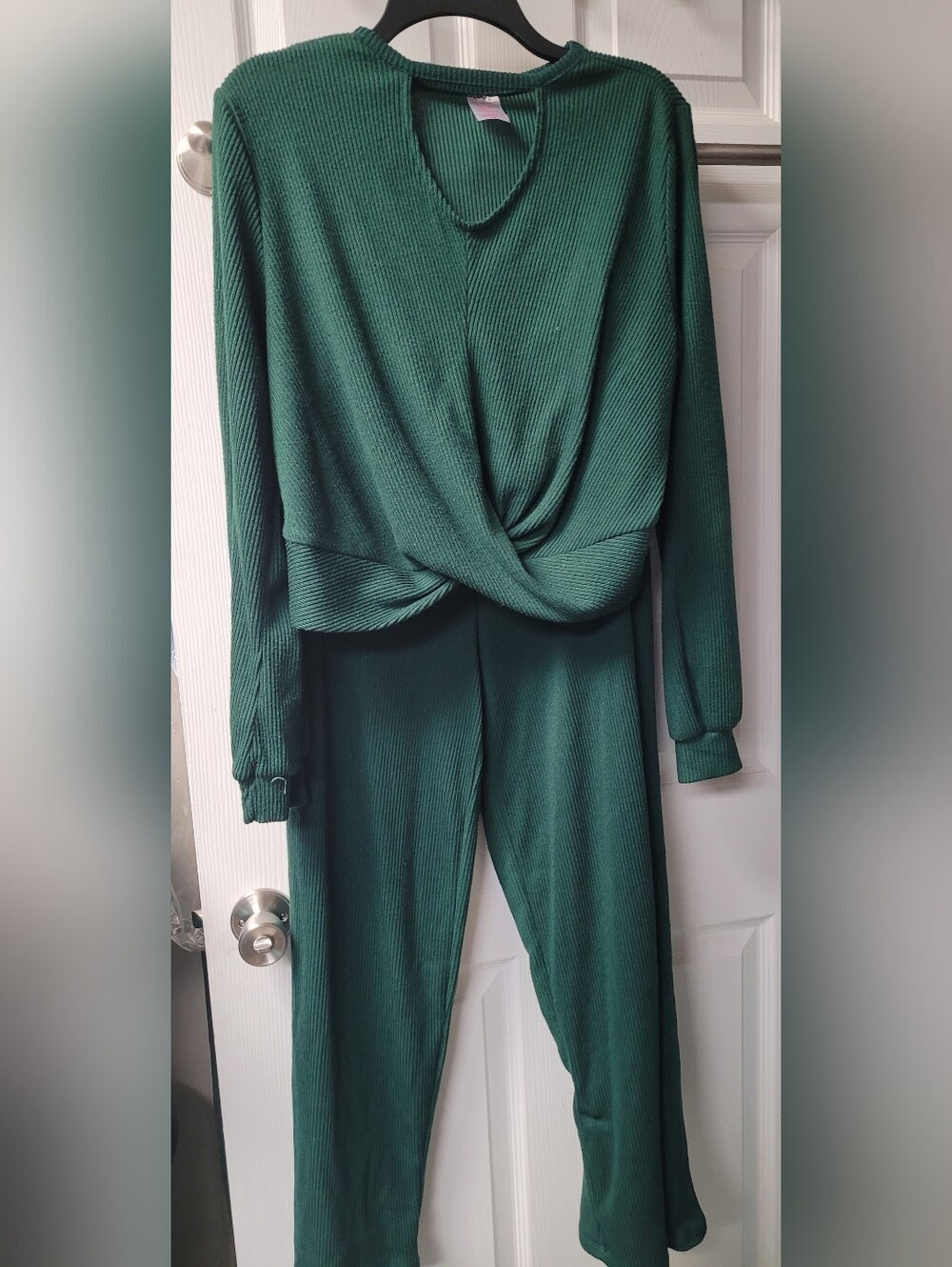 No Boundaries Deep Green Ribbed Twist-Front Jumpsuit